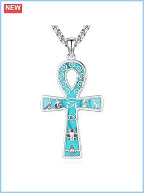 Sterling Silver Ankh Pendant Necklace with Turquoise Egyptian Amulet Jewelry